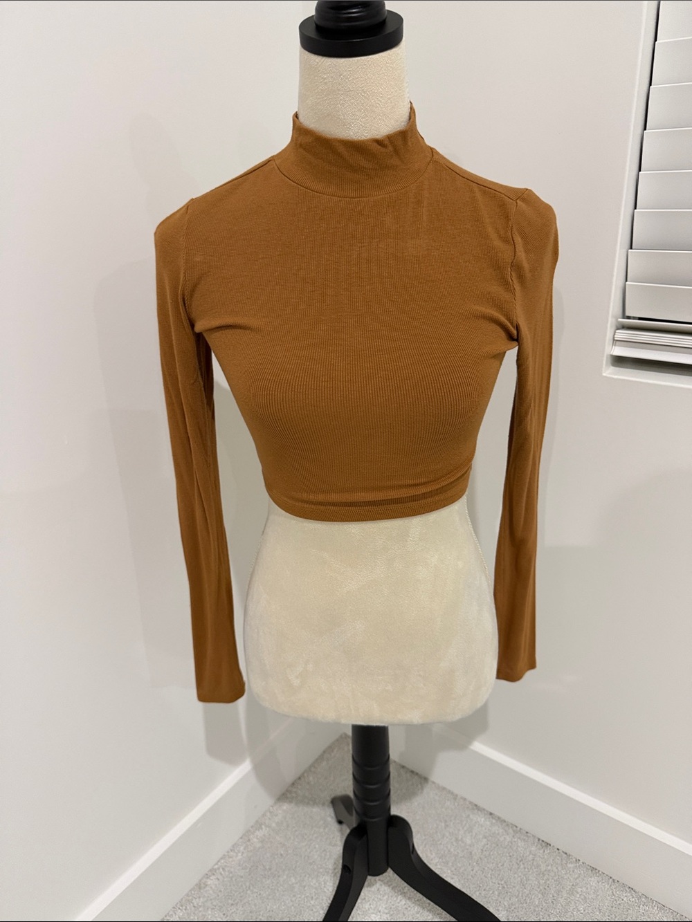 Cropped Mock-Neck Long Sleeve Top in Caramel Brown